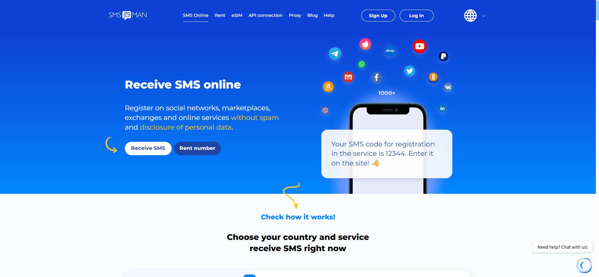 SMS-Man 官网首页：覆盖 1000+ 服务的在线接信平台
